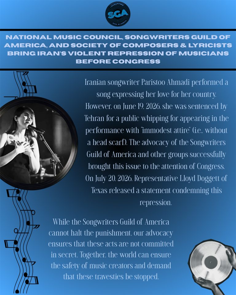 National Music Council, Songwriters Guild of America, and Society of Composers & Lyricists Bring Iran's Violent Repression of Musicians Before Congress